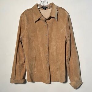 KAREN KANE Western Rodeo Boho Suede/Leather Pearl Snap Button Tan Shacket SZ XL